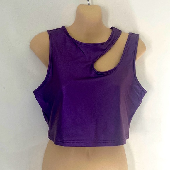 Cut Out Shoulder Leather Crop Tank Top - Picture 2 of 5